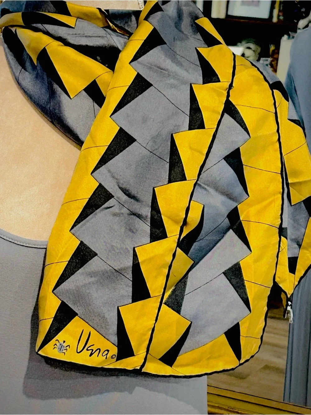 Vintage Vera Neumann MCM geometric print oblong silk scarf with Ladybug Logo